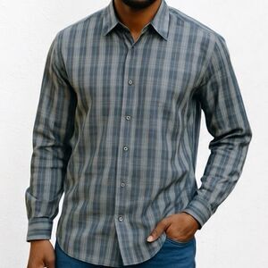 Hart Schaffner Marx Button Down Gray and Blue Paid Men's Shirt size Large